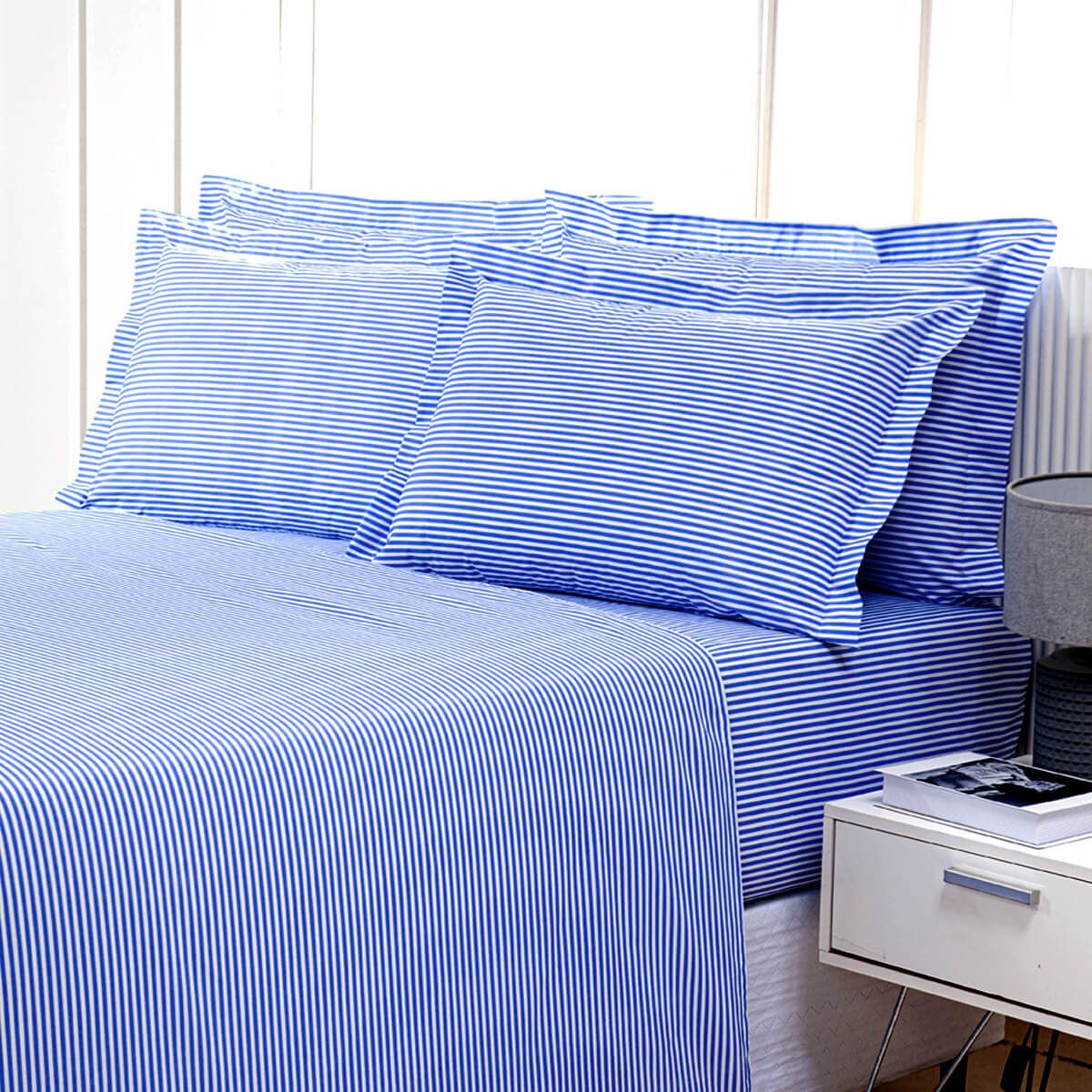 Enxoval de Hotel Sob Encomenda! Lençol King com Elast  200x200x25cm Percal 180 Fios Misto - Confort  Listrado Azul