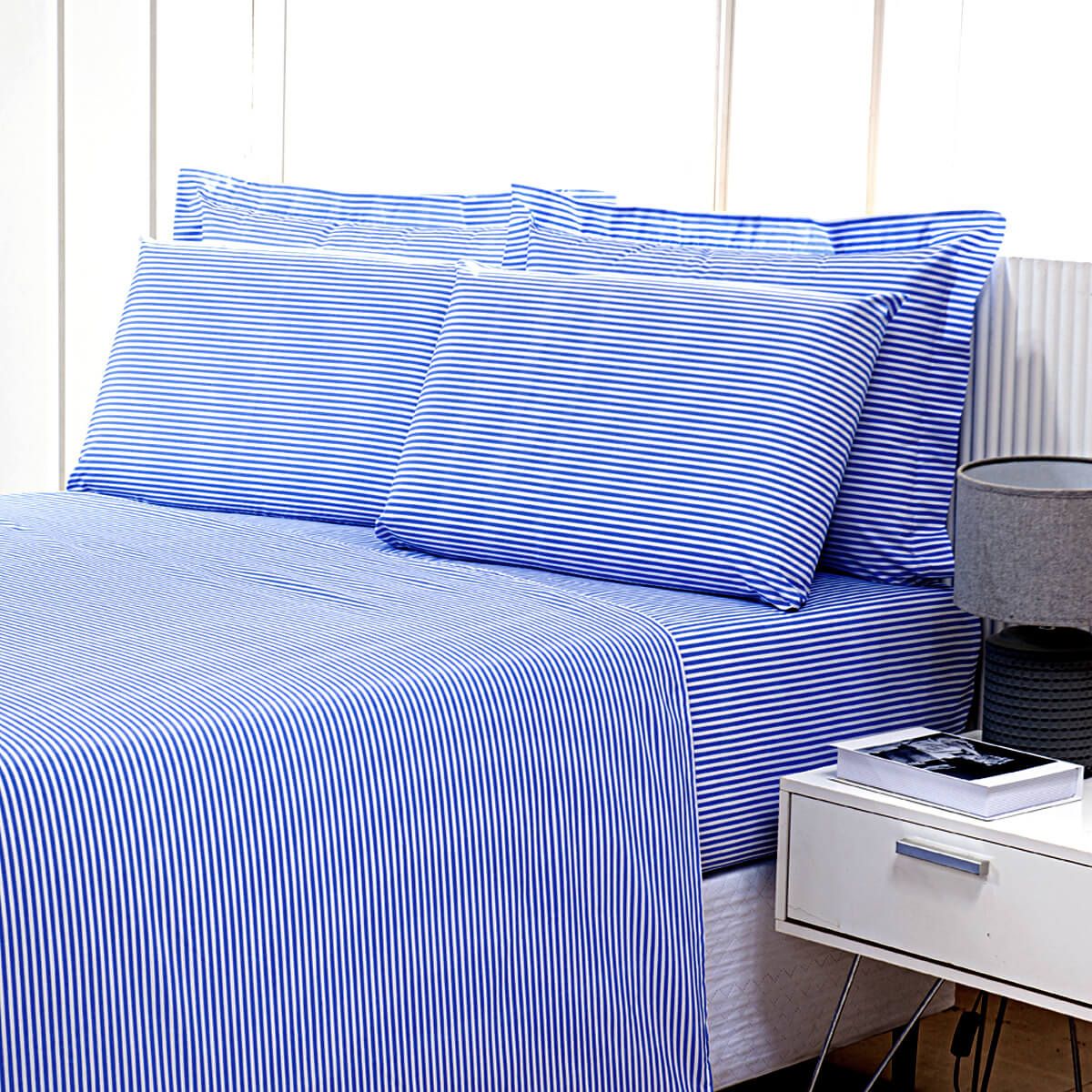 Enxoval de Hotel Sob Encomenda! Lençol Casal com Elast  140x190x30cm Percal 180 Fios Misto  Listrado Azul - Confort