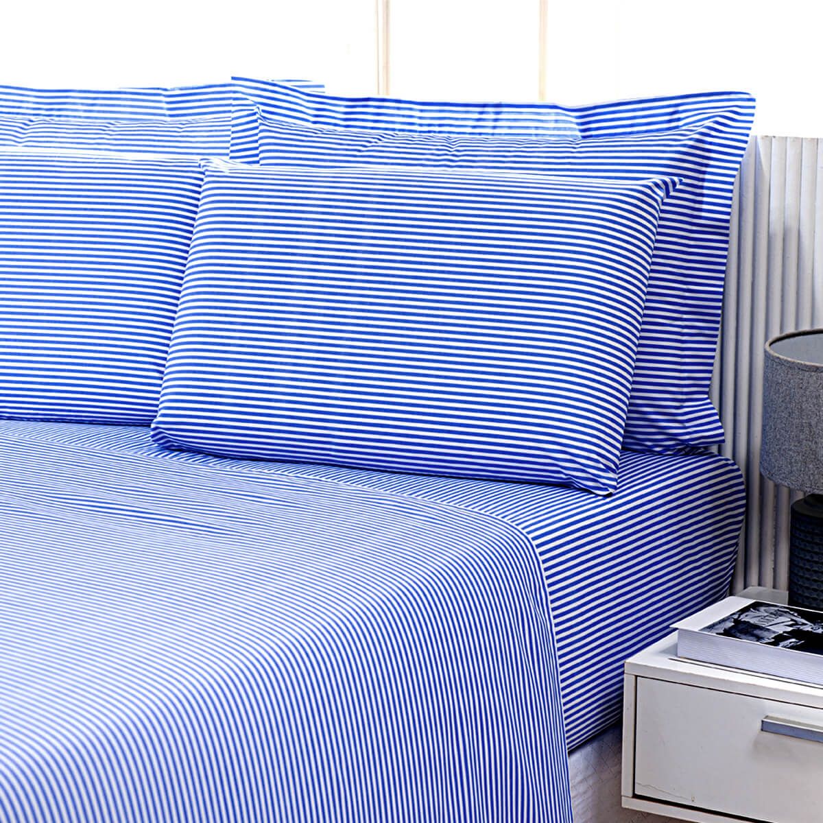 Enxoval de Hotel Sob Encomenda! Fronha Avulsa 50x70cm Percal 180 Fios Misto - Confort Listrado Azul