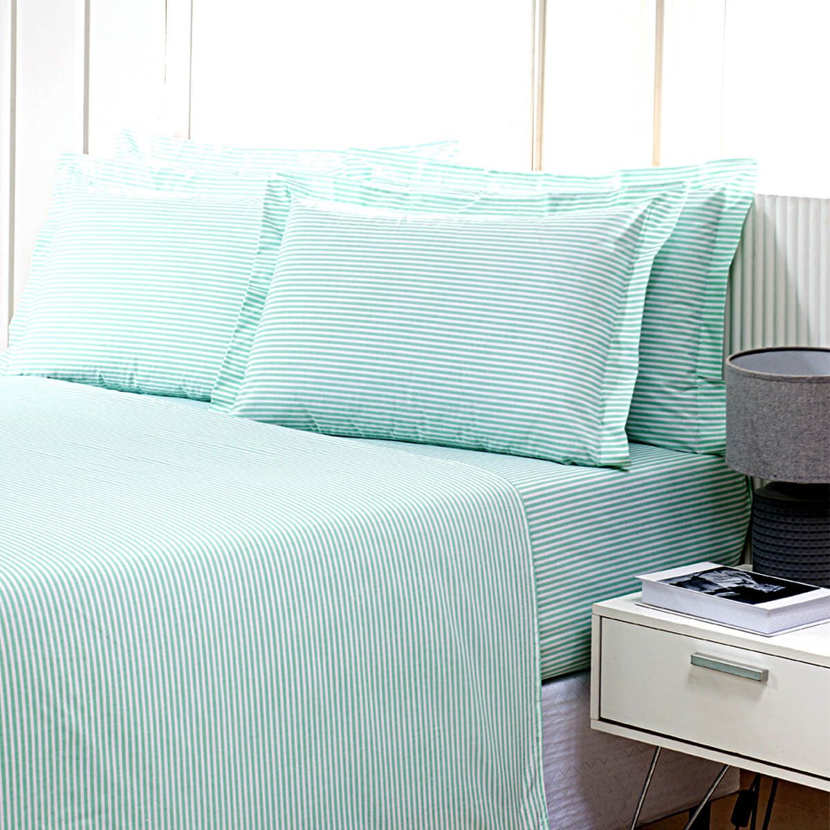 Enxoval de Hotel Sob Encomenda! Lençol Solteiro com Elast  90x190x30cm Percal 180 Fios Misto Listrado Verde - Confort