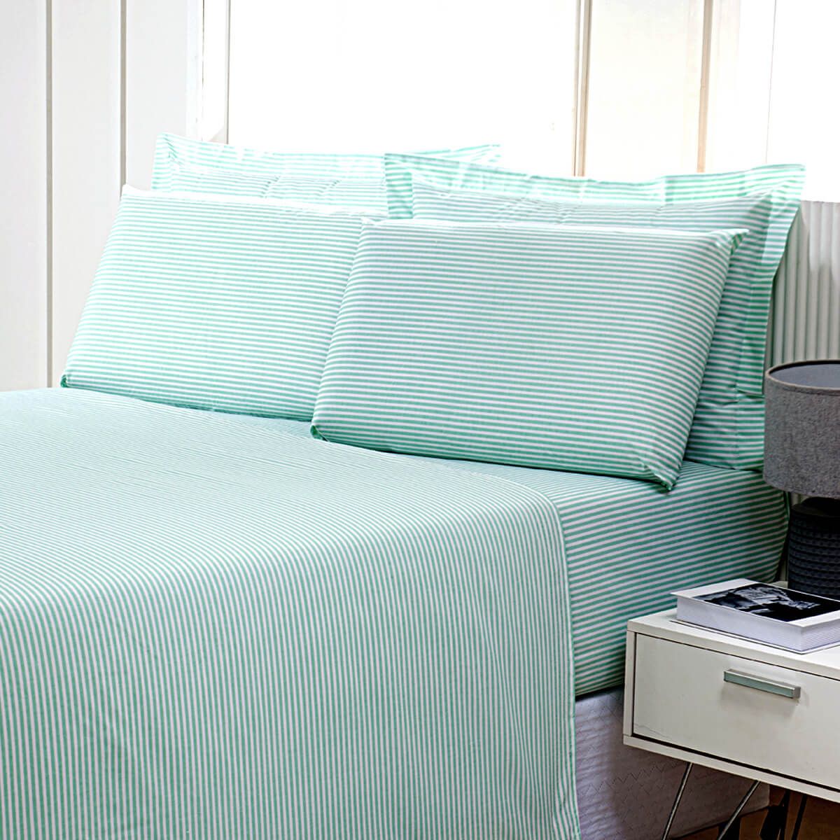 Enxoval de Hotel Sob Encomenda! Lençol Solteiro King Sem Elast  190x280 cm Percal 180 Fios Misto - Confort Listrado Verde