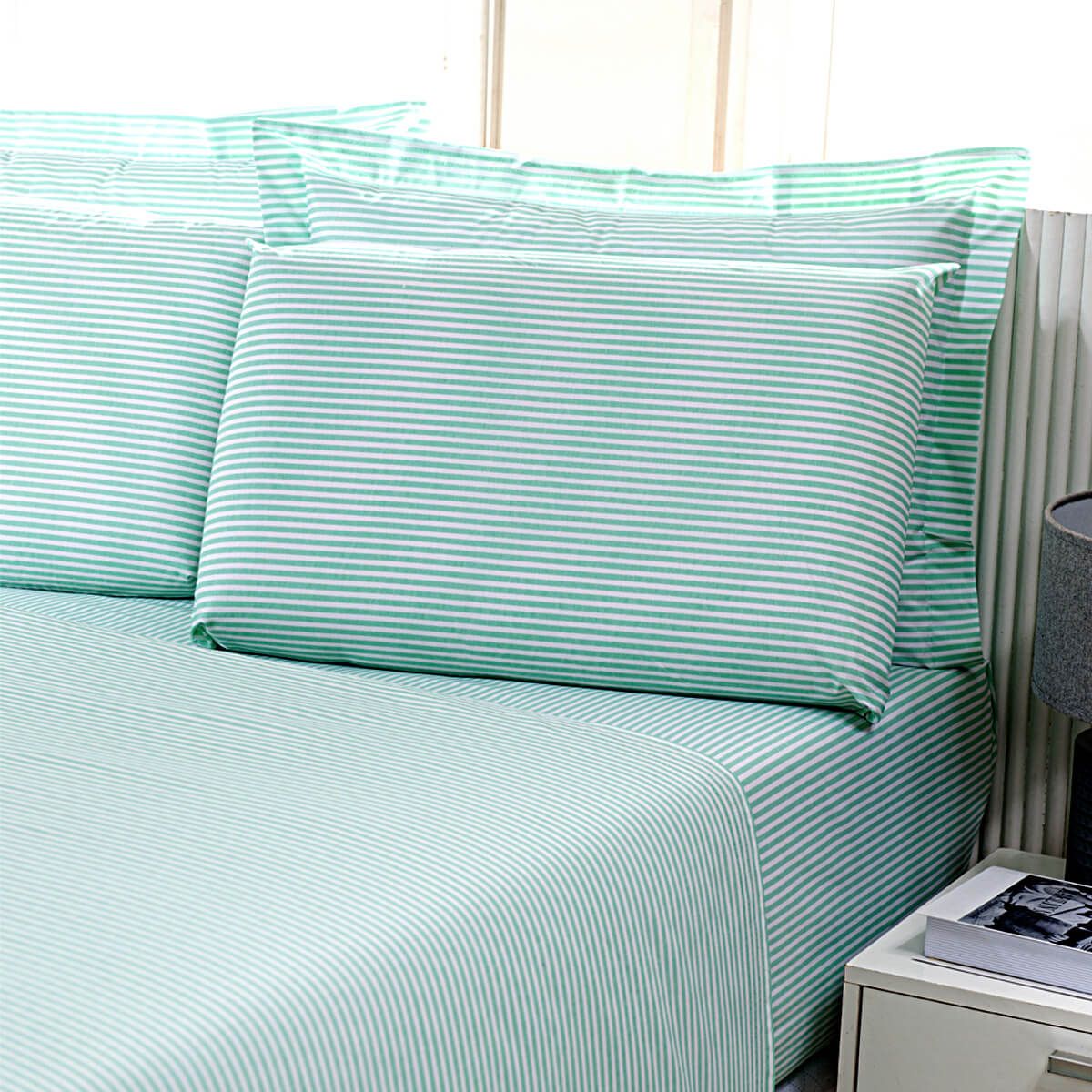 Enxoval de Hotel Sob Encomenda! Fronha Avulsa 50x70cm Percal 180 Fios Misto - Confort Listrado Verde